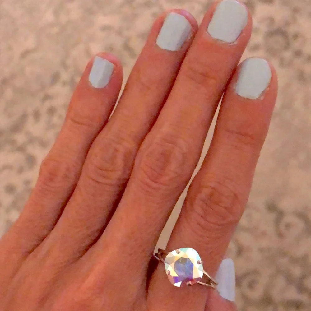 Aurora Borealis + Silver Cushion Cut Crystal Ring